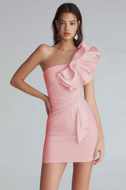 Ruched One Shoulder Bodycon Satin Little White Dress