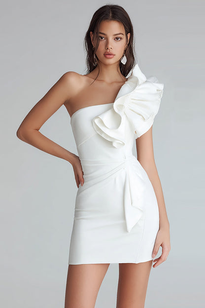 Ruched One Shoulder Bodycon Satin Little White Dress