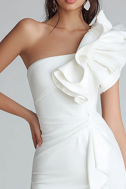 Ruched One Shoulder Bodycon Satin Little White Dress