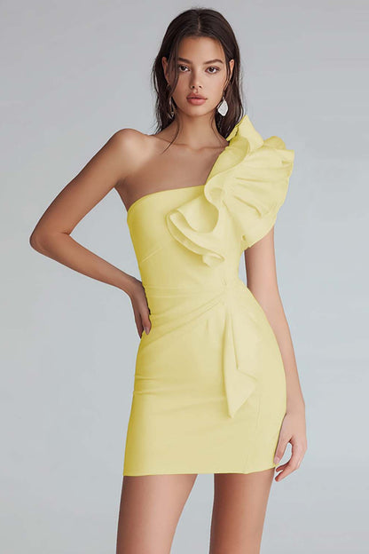 Ruched One Shoulder Bodycon Satin Little White Dress