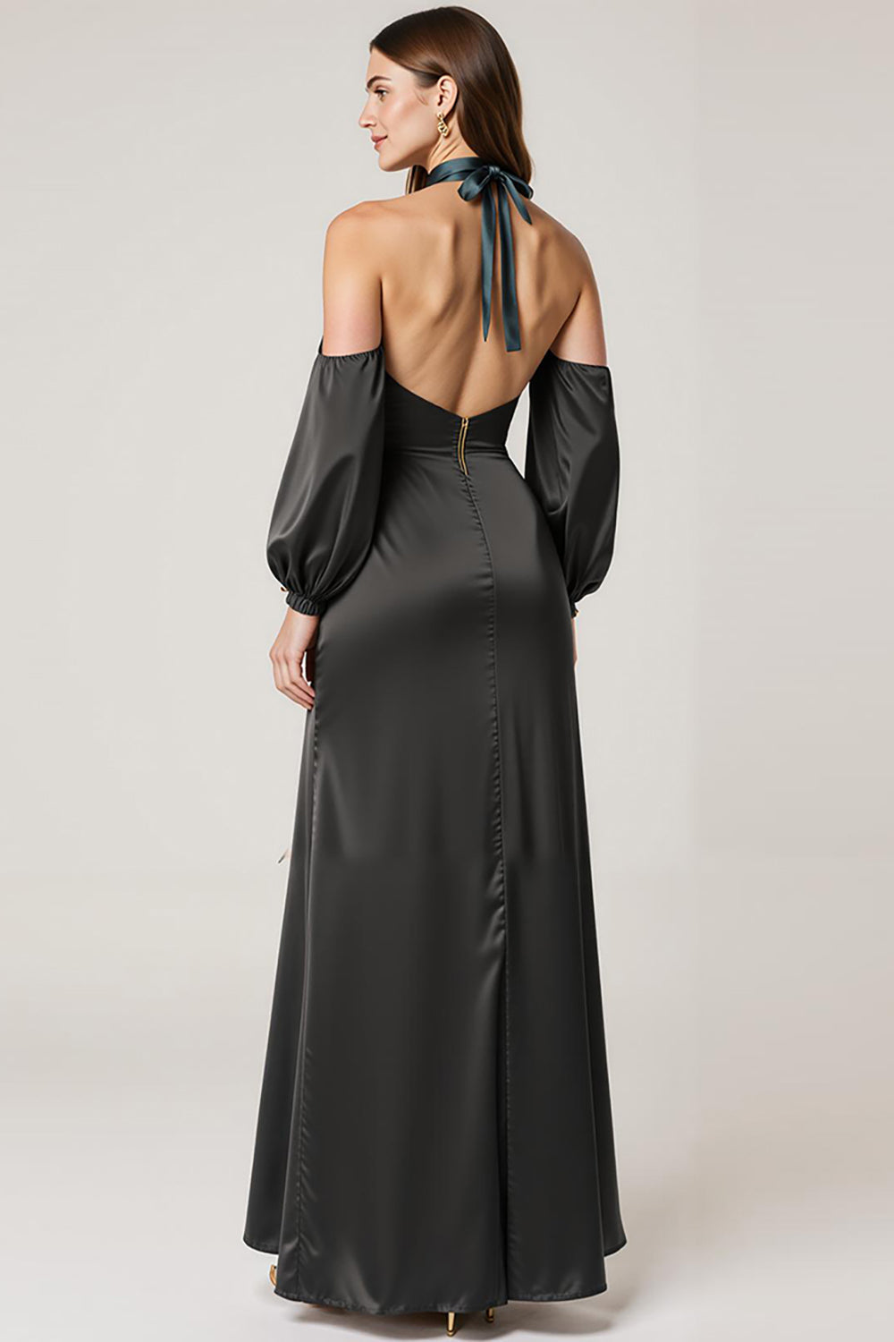 Halter Black Satin Formal Dress with Slit