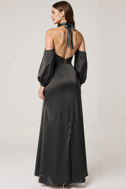 Halter Black Satin Formal Dress with Slit