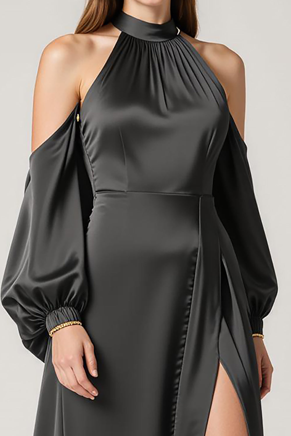 Halter Black Satin Formal Dress with Slit