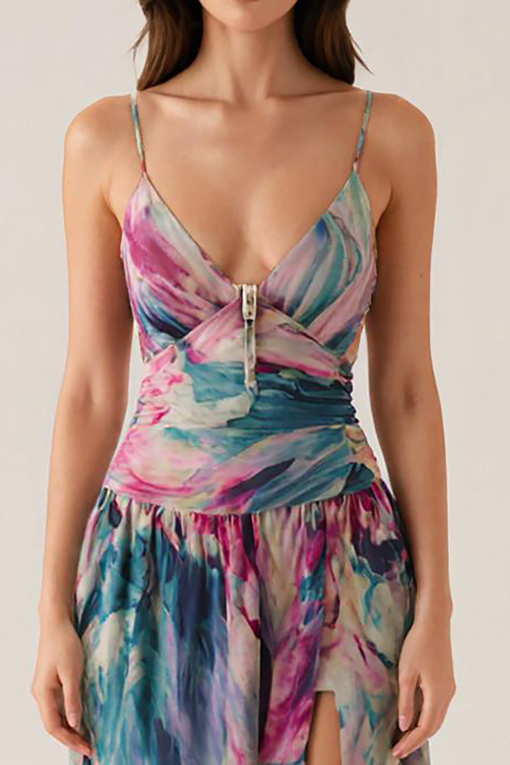 Purple Spaghetti Straps Printed Formal Dress