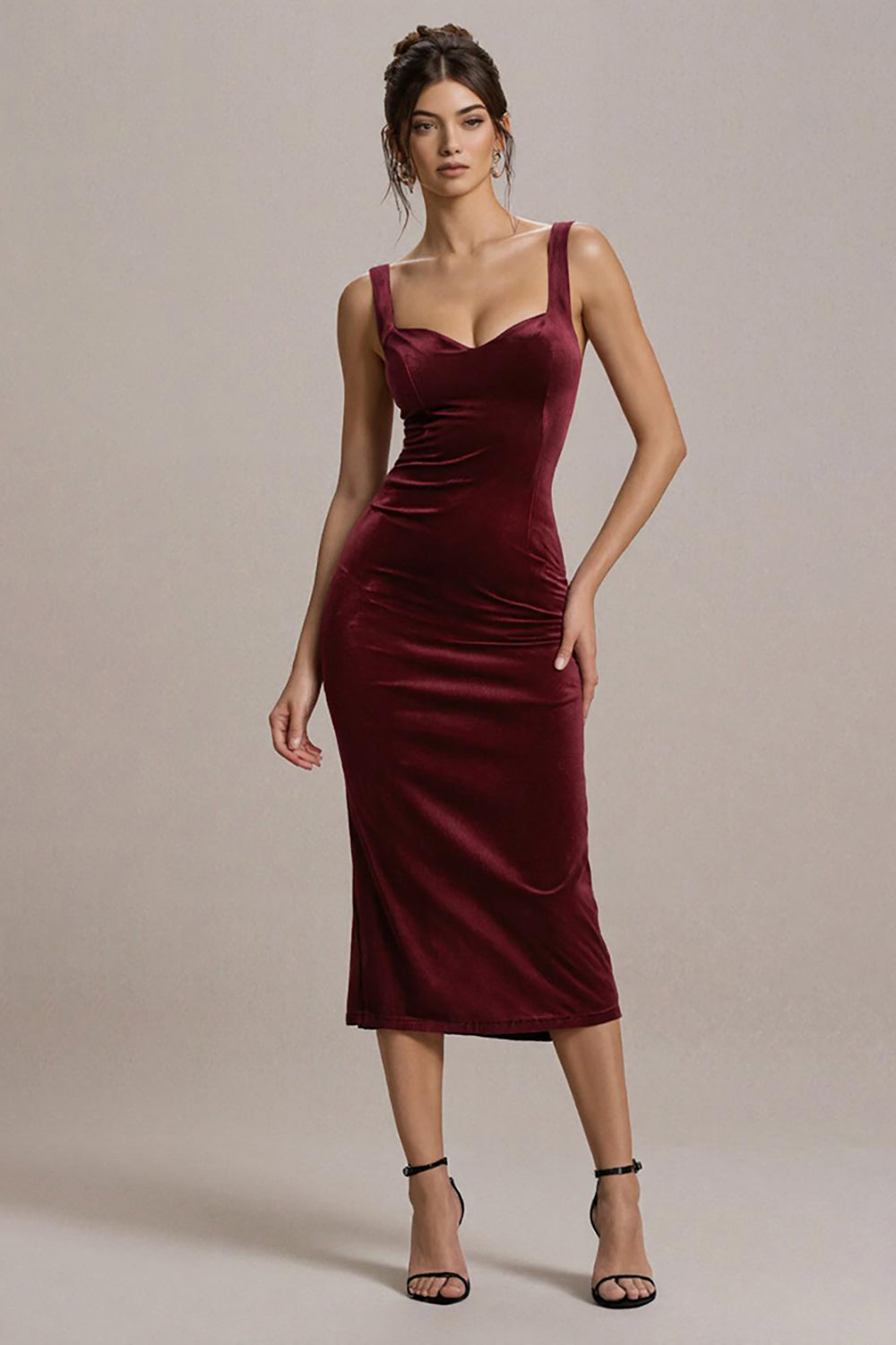 Burgundy Bodycon Velvet Midi Formal Dress
