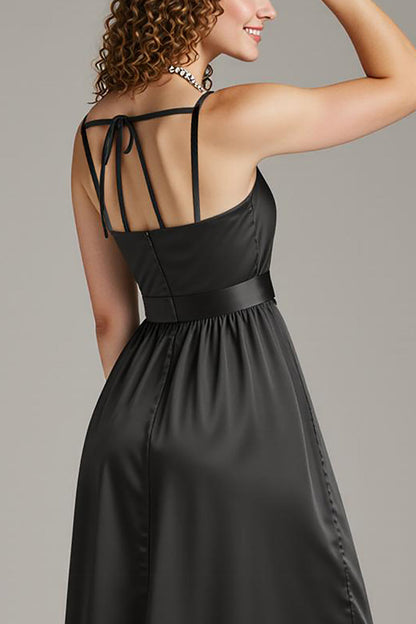 Black Satin Spaghetti Straps Sheath Long  Formal Dress with Slit