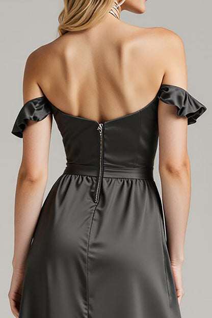 Black Satin Off The Shoulder Long Formal Dress with Ruffles