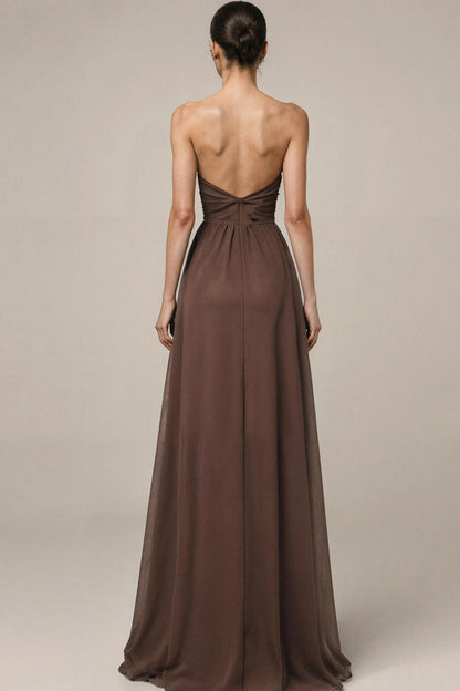 Brown Satin Sweetheart Long Formal Dress with Slit