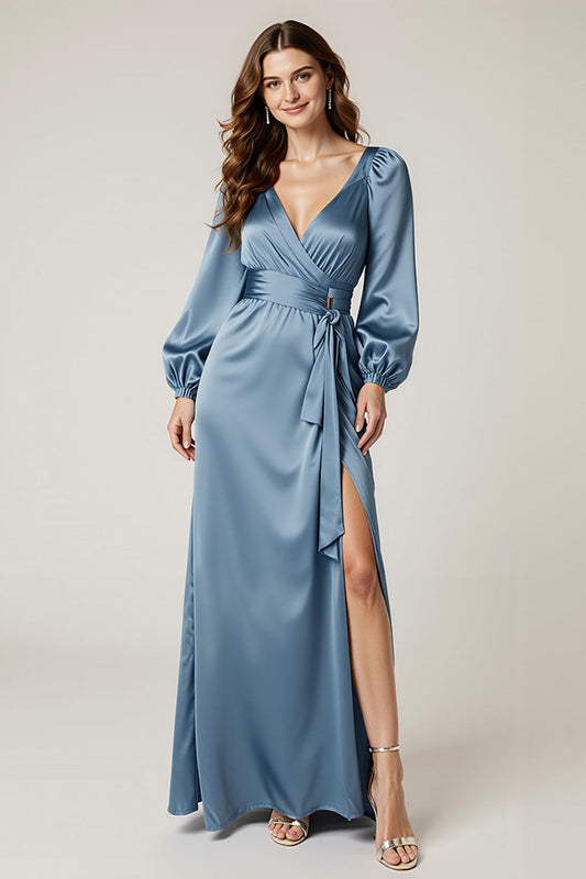 Lake Blue Satin Sheath Ruffle Long Sleeves Formal Dress with Slit