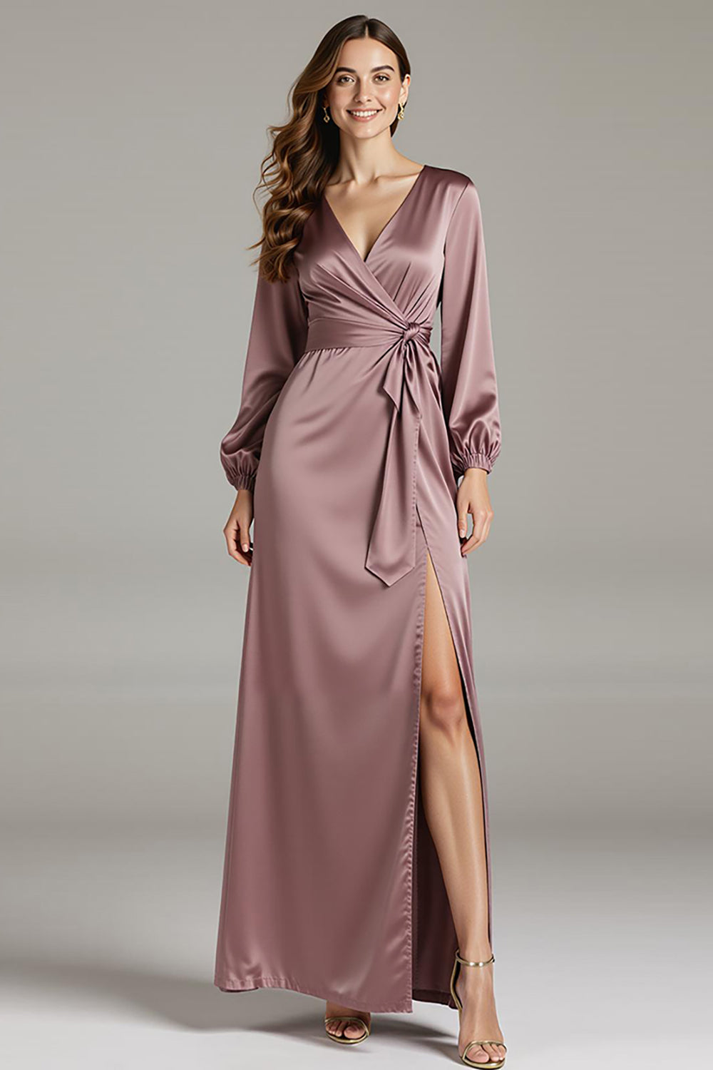 Vintage Mauve V-Neck Satin Long Sleeves Formal Dress with Slit