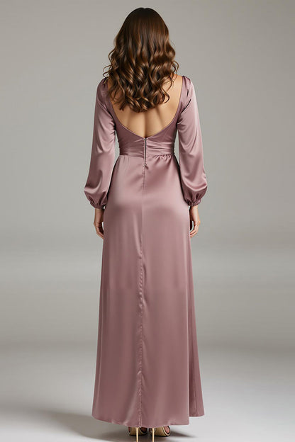 Vintage Mauve V-Neck Satin Long Sleeves Formal Dress with Slit