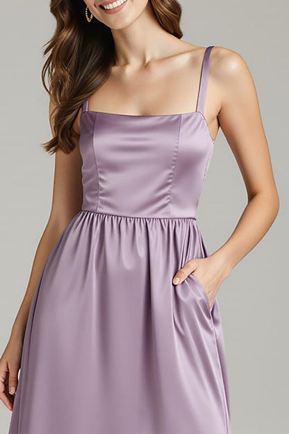 Light Purple Satin Spaghetti Straps A Line Formal Dress with Pockets