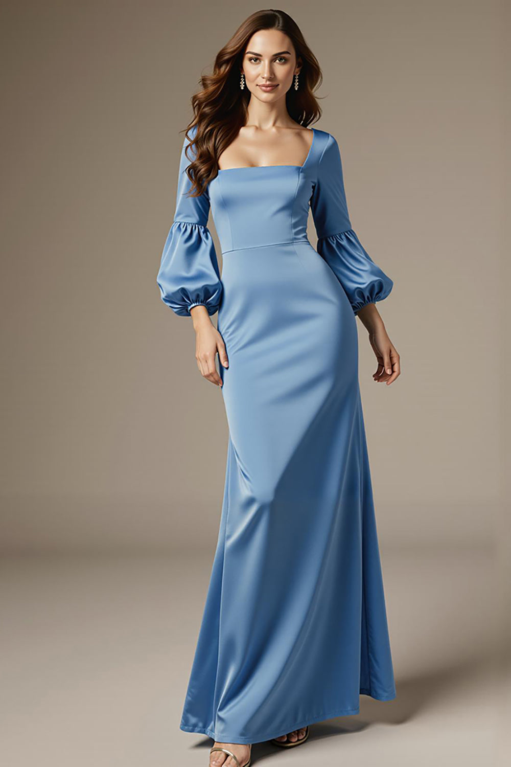 Sky Blue Satin Square Neck Mermaid Long Sleeves Formal Dress
