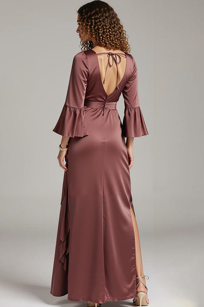 Coffee Satin Sheath V-Neck Long Formal Dress with Slit
