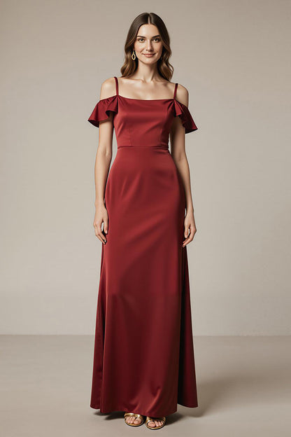 Red Cold Shoulder Satin Sheath Long Formal Dress
