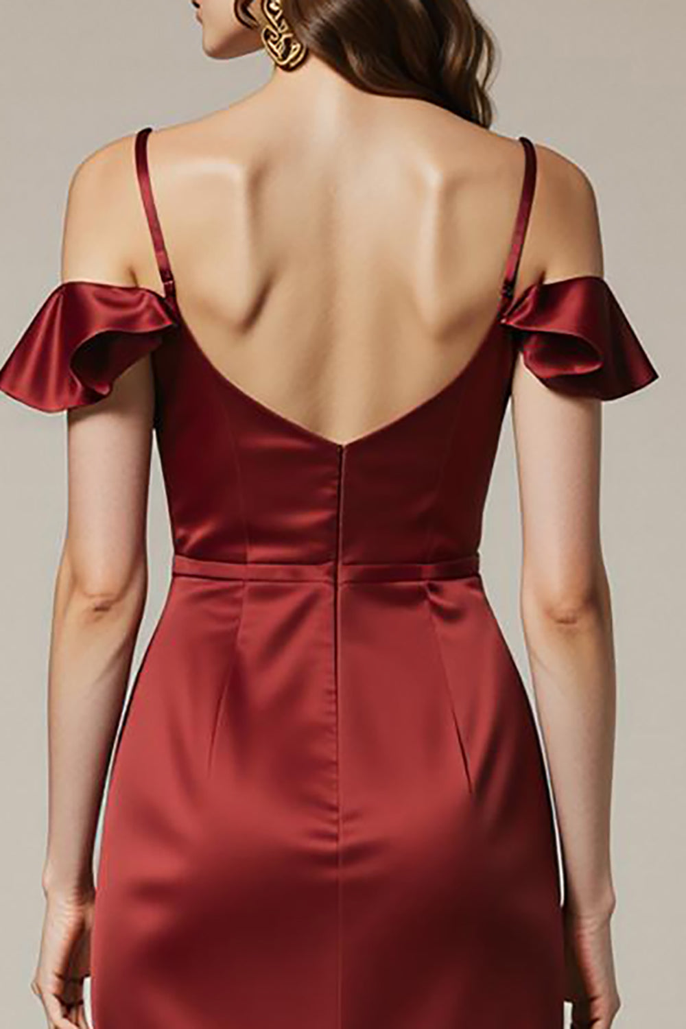 Red Cold Shoulder Satin Sheath Long Formal Dress
