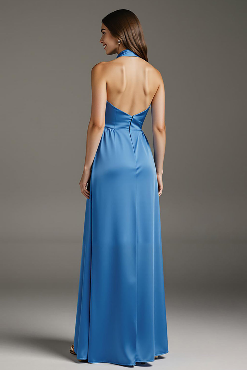 Lake Blue A Line Satin Long Formal Dress