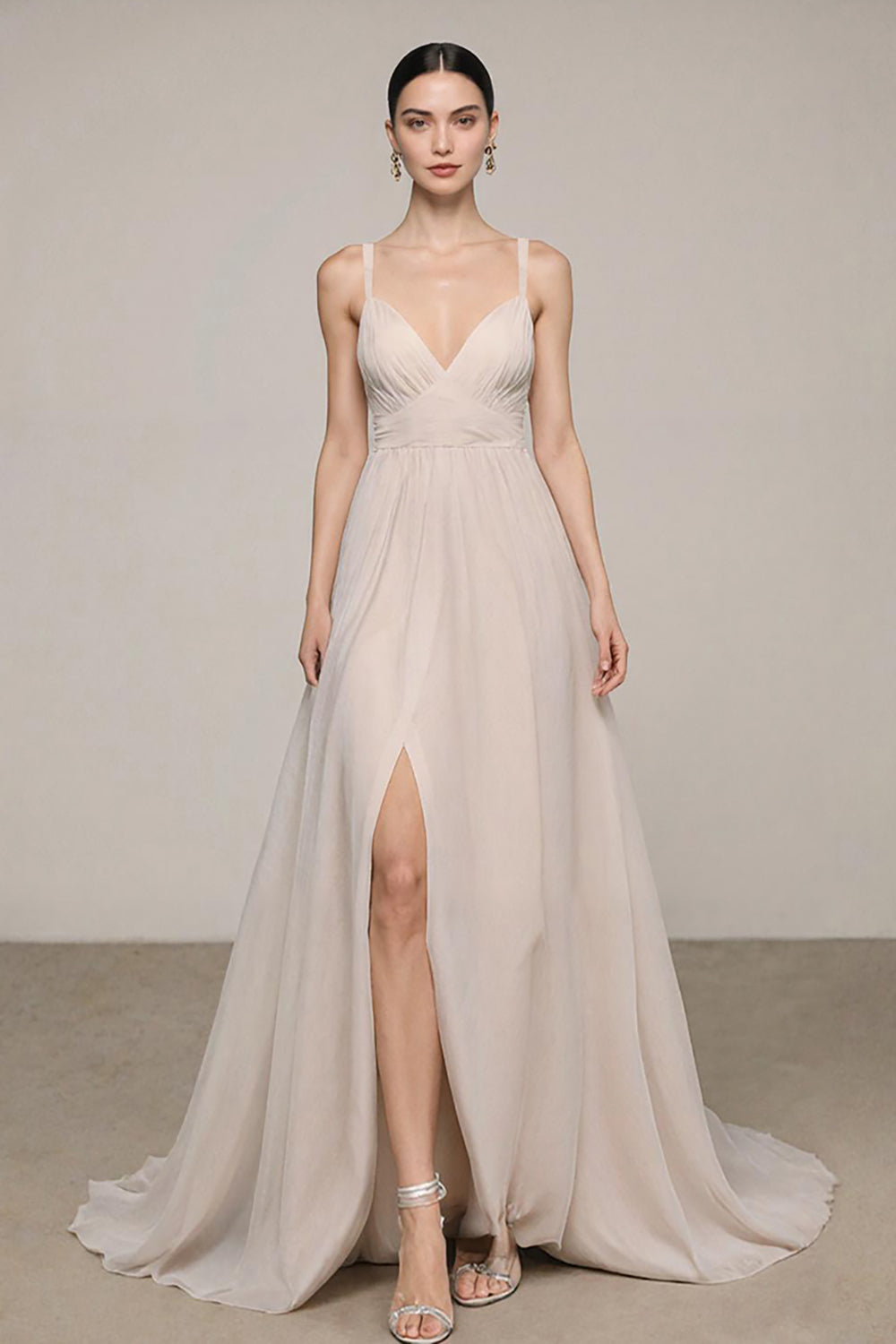 Ivory A Line V-Neck Long Formal Dress with Slit