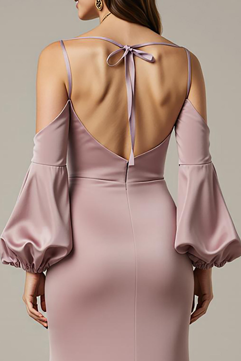Light Pink Mermaid Satin Long Formal Dress with Sleeves