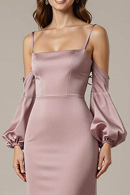 Light Pink Mermaid Satin Long Formal Dress with Sleeves