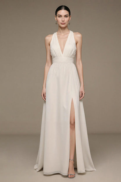 V-Neck Ivory A Line Long Formal Dress with Slit