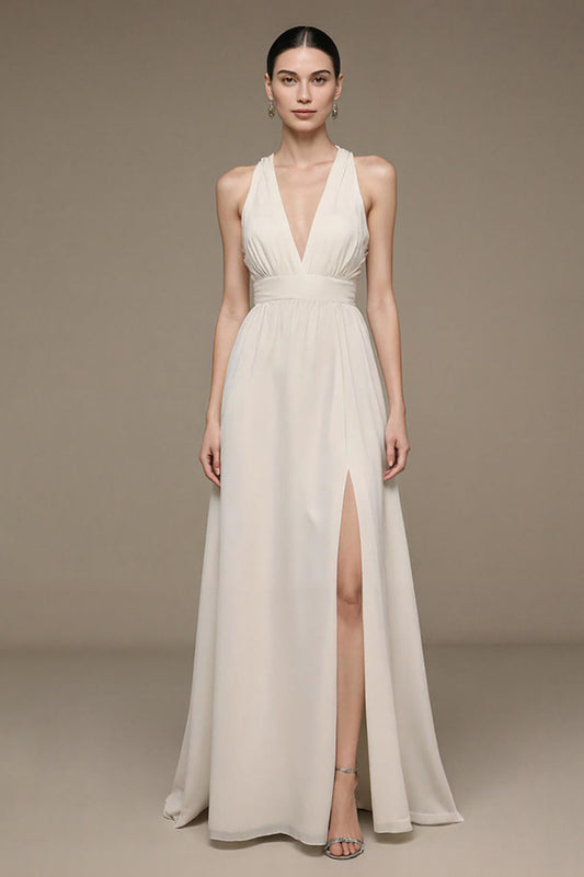 V-Neck Ivory A Line Long Formal Dress with Slit