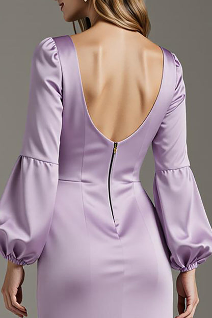 Light Purple Satin Sheath Long Formal Dress with Sleeves