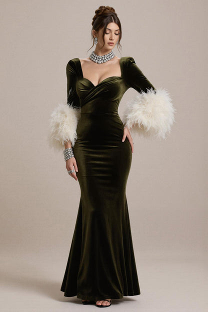 Olive Long Sleeve Mermaid Velvet Pageant Dress