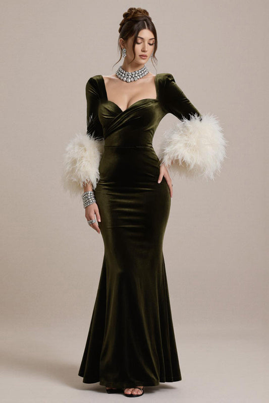 Olive Long Sleeve Mermaid Velvet Pageant Dress