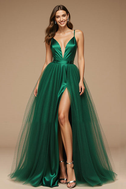 Green Spaghetti Straps A-Line Long Pageant Dress