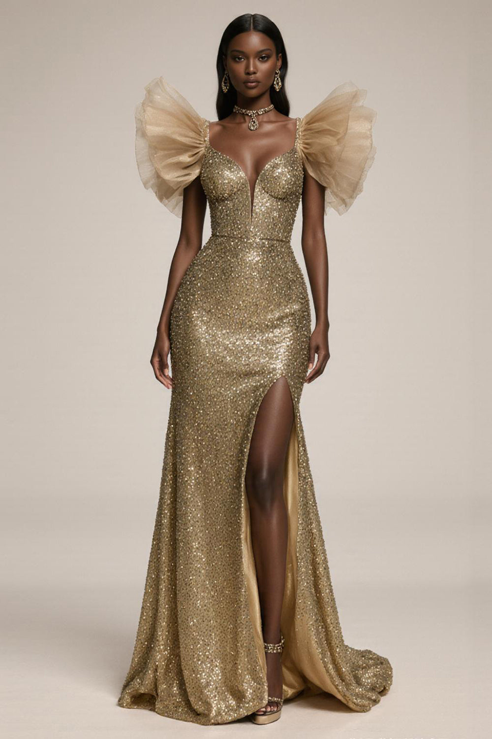 Sparkly Gold Mermaid Ruffled Pageant Dress with Slit