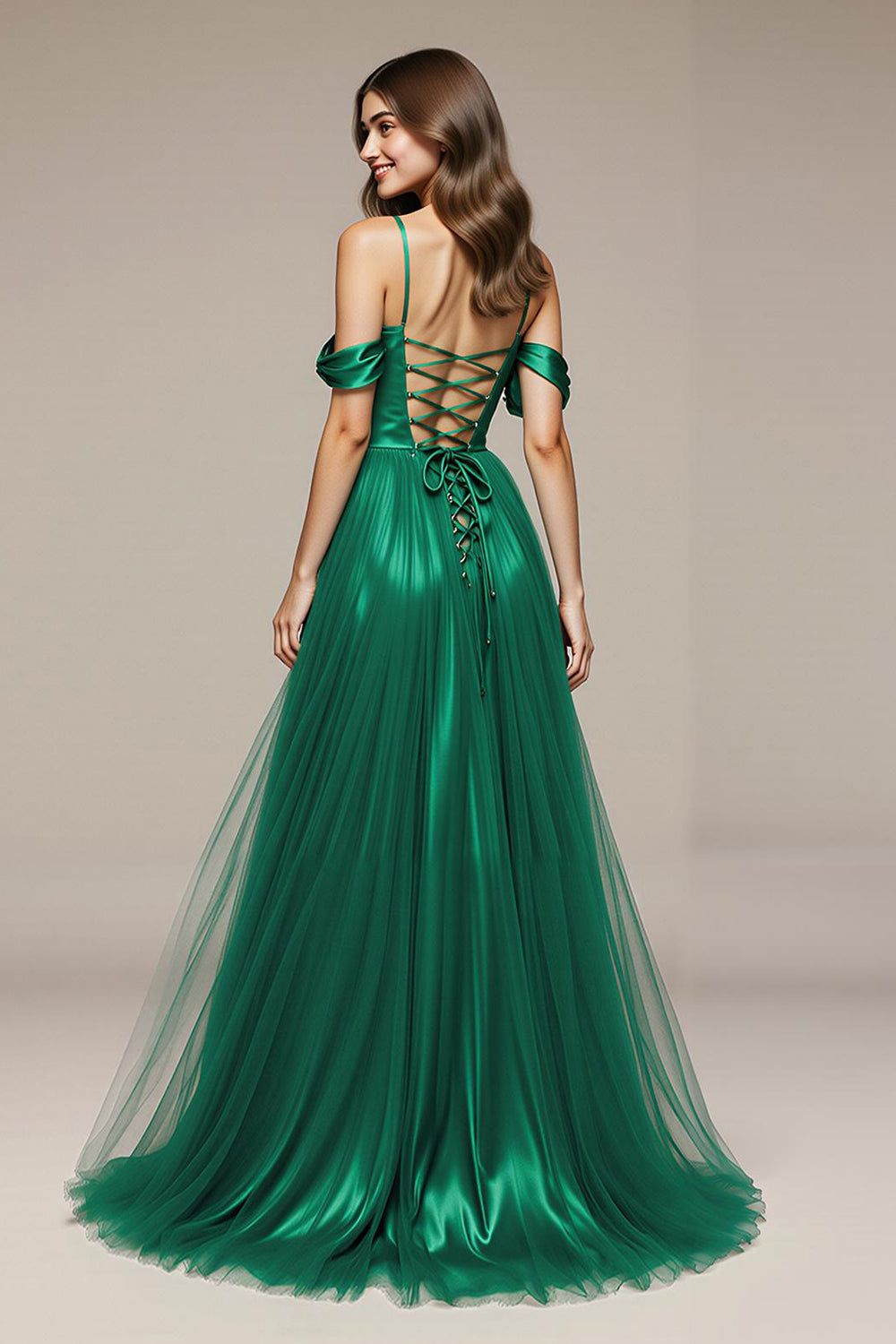 Cold Shoulder Green A-Line Satin Pageant Dress with Slit