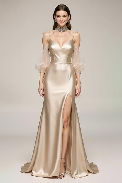 Champagne Mermaid Cold Shoulder Pageant Dress with Slit