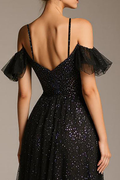 Sparkly Black Cold Shoulder A-Line Tulle Pageant Dress
