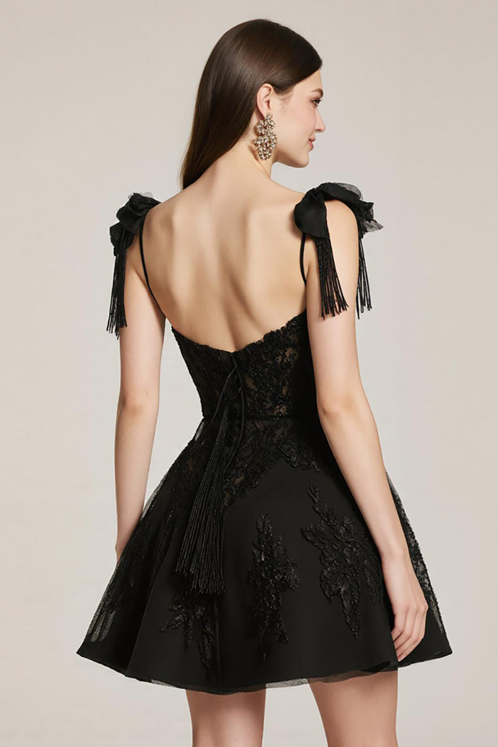 Black Lace A Line Corset Short Cocktail Dress with Bow