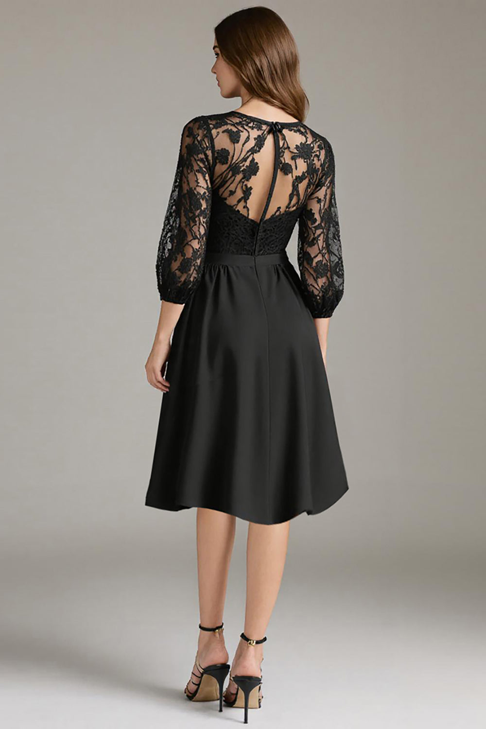 Black Lace A Line Round Neck Short Cocktail Dress with Sleeves