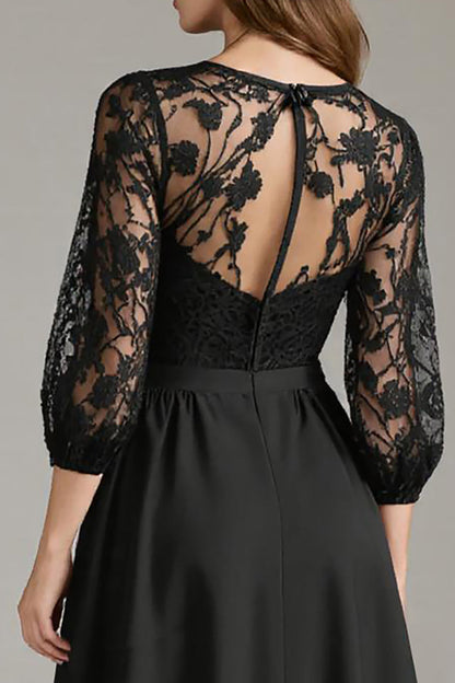 Black Lace A Line Round Neck Short Cocktail Dress with Sleeves