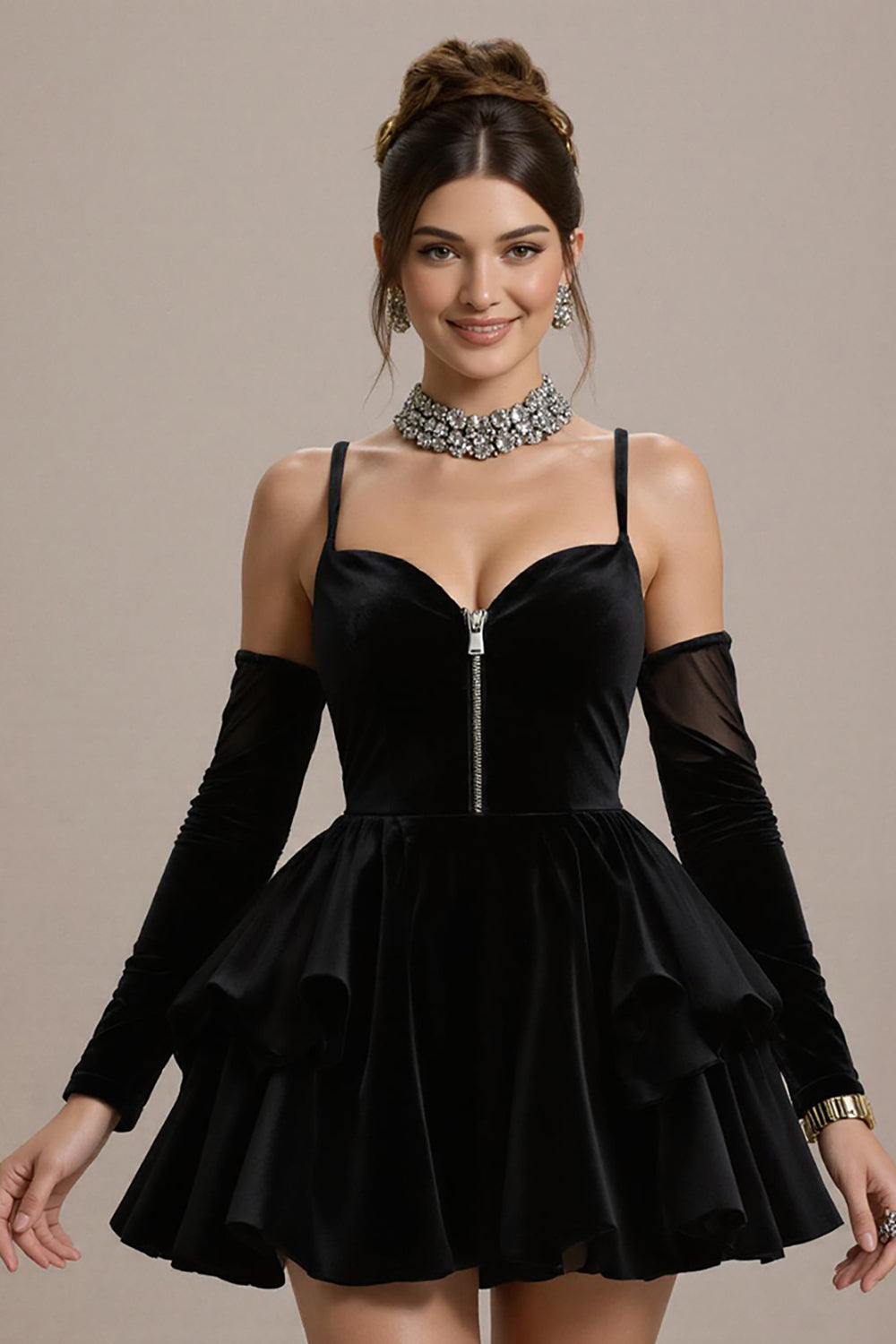 Black Velvet Ruffled Tiered A Line Short Cocktail Dress