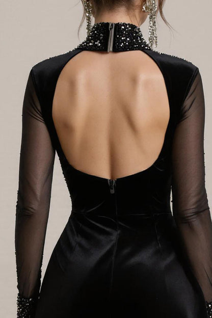 Sparkly Black Velvet Beaded A Line Short Cocktail Dress with Sleeves