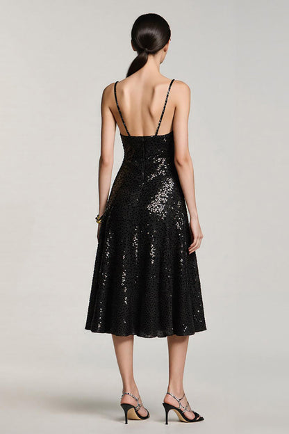Sparkly Black Sequin A Line Spaghetti Straps Midi Cocktail Dress