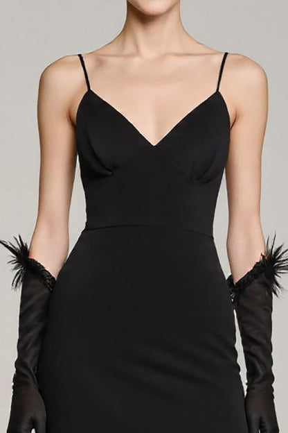 Simple Black Satin A Line Spaghetti Straps Long Formal Dress