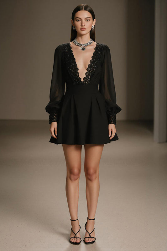 Black Chiffon Deep V-Neck A Line Short Cocktail Dress with Sleeves