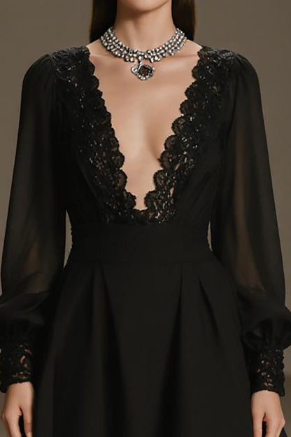 Black Chiffon Deep V-Neck A Line Short Cocktail Dress with Sleeves