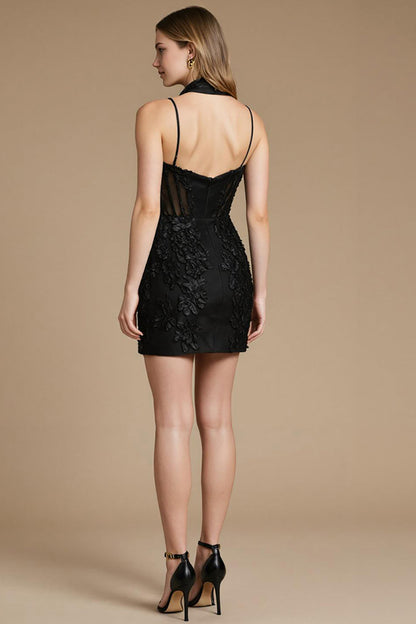 Black Corset Floral Spaghetti Straps A Line Short Cocktail Dress