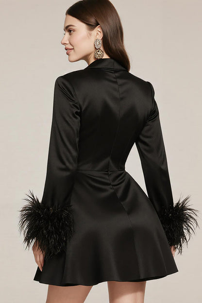 Black Satin Notched Lapel A Line Short Cocktail Dress with Feather