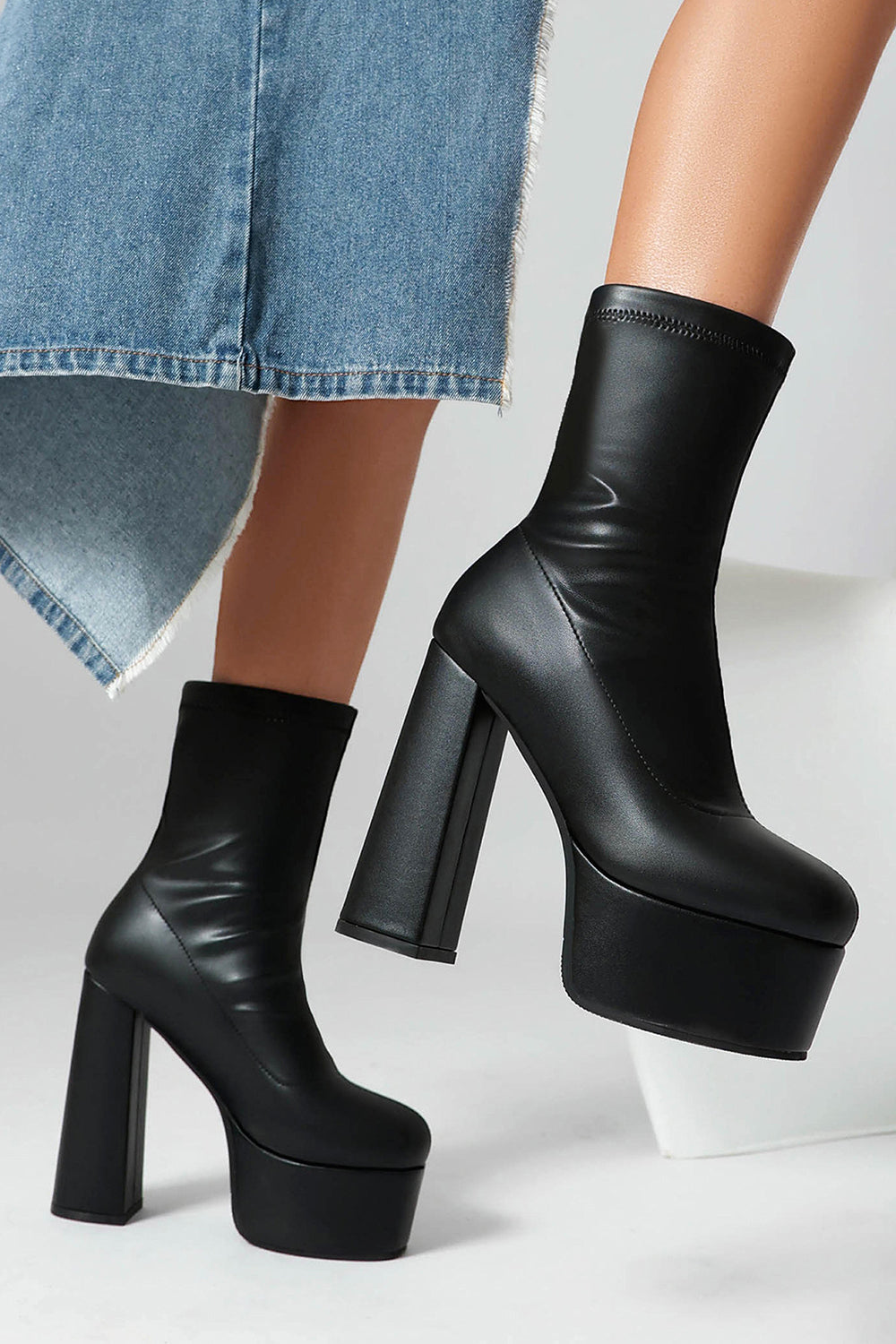 Black Round Toe Platform Chunky Heel Ankle Boots