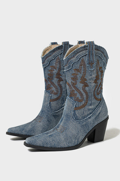 Dark Blue Wide Calf Pointed Toe Chunky Heel Embroidered Cowgirl Boots