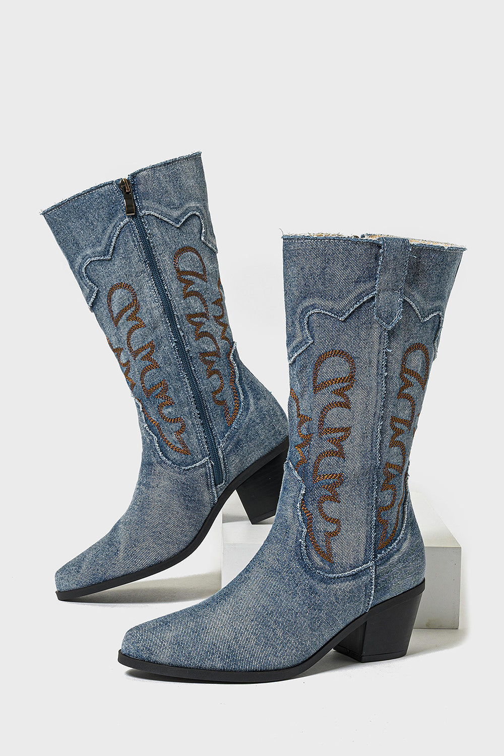 Dark Blue Pointed Toe Mid Calf Chunky Heel Embroidered Cowgirl Boots