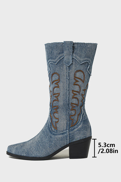 Dark Blue Pointed Toe Mid Calf Chunky Heel Embroidered Cowgirl Boots
