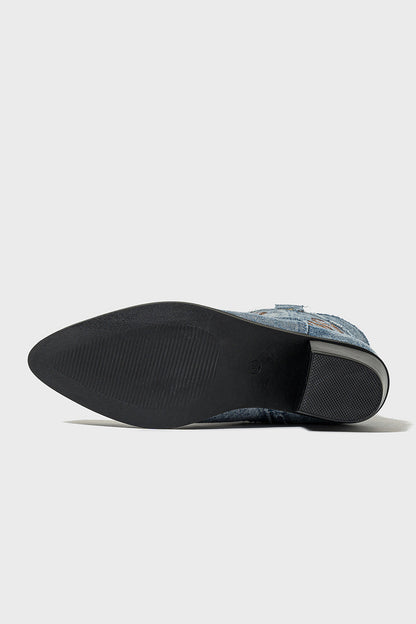 Dark Blue Pointed Toe Mid Calf Chunky Heel Embroidered Cowgirl Boots